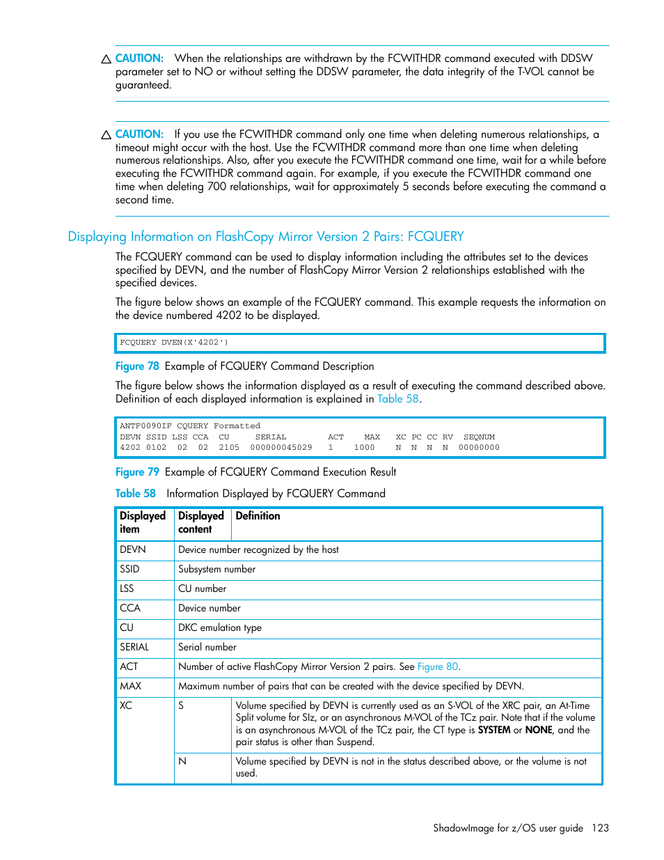 Figure 78 example of fcquery command description, Table 58 information displayed by fcquery command, 78 example of fcquery command description | 79 example of fcquery command execution result, Displaying | HP StorageWorks XP Remote Web Console Software User Manual | Page 123 / 130