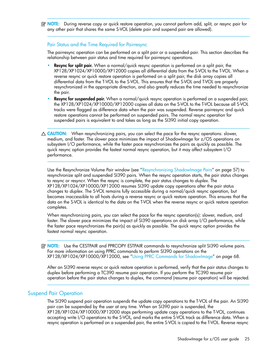 Pair status and the time required for pairresync, Suspend pair operation | HP StorageWorks XP Remote Web Console Software User Manual | Page 25 / 130