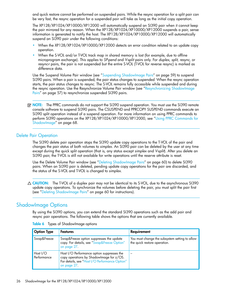 Delete pair operation, Shadowimage options, Table 6 types of shadowimage options | 6 types of shadowimage options | HP StorageWorks XP Remote Web Console Software User Manual | Page 26 / 130