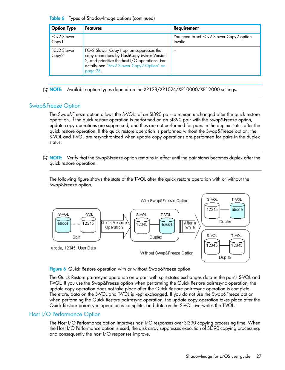 Swap&freeze option, Host i/o performance option, Host i/o performance option” on | Swap&freeze option” on | HP StorageWorks XP Remote Web Console Software User Manual | Page 27 / 130