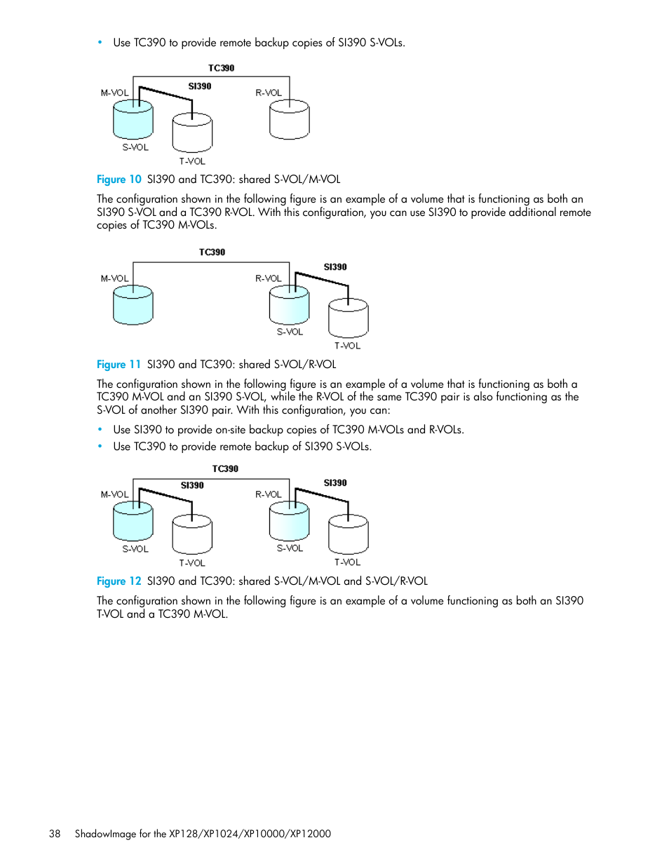 Figure 10 si390 and tc390: shared s-vol/m-vol, Figure 11 si390 and tc390: shared s-vol/r-vol, 10 si390 and tc390: shared s-vol/m-vol | 11 si390 and tc390: shared s-vol/r-vol | HP StorageWorks XP Remote Web Console Software User Manual | Page 38 / 130