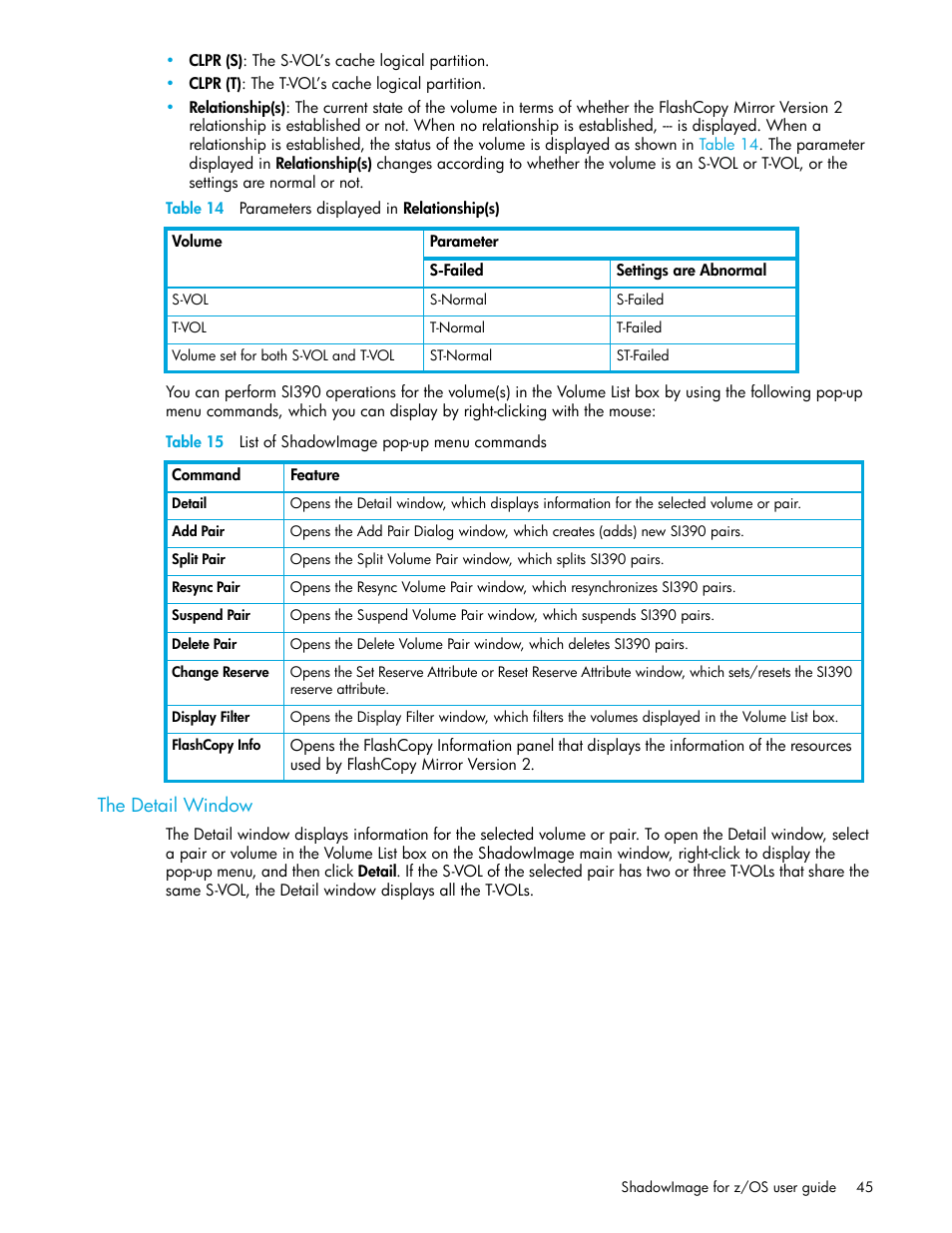 Table 14 parameters displayed in relationship(s), Table 15 list of shadowimage pop-up menu commands, The detail window | 14 parameters displayed in relations, 15 list of shadowimage pop-up menu commands | HP StorageWorks XP Remote Web Console Software User Manual | Page 45 / 130