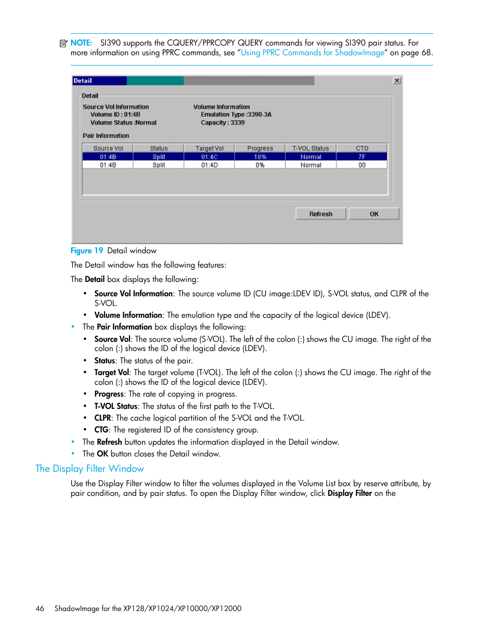 Figure 19 detail window, The display filter window, 19 detail window | HP StorageWorks XP Remote Web Console Software User Manual | Page 46 / 130