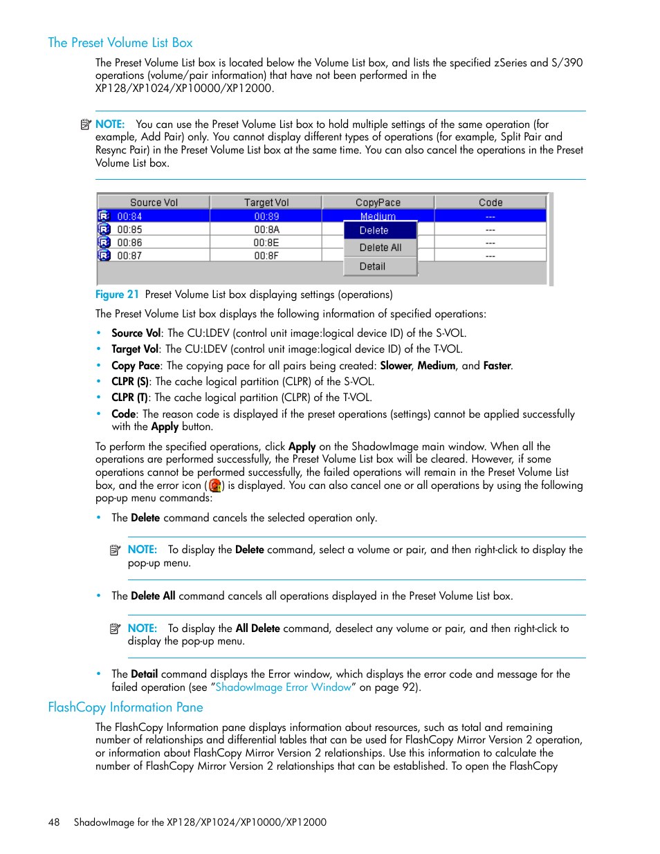 The preset volume list box, Flashcopy information pane, R to | The preset, Volume list box | HP StorageWorks XP Remote Web Console Software User Manual | Page 48 / 130