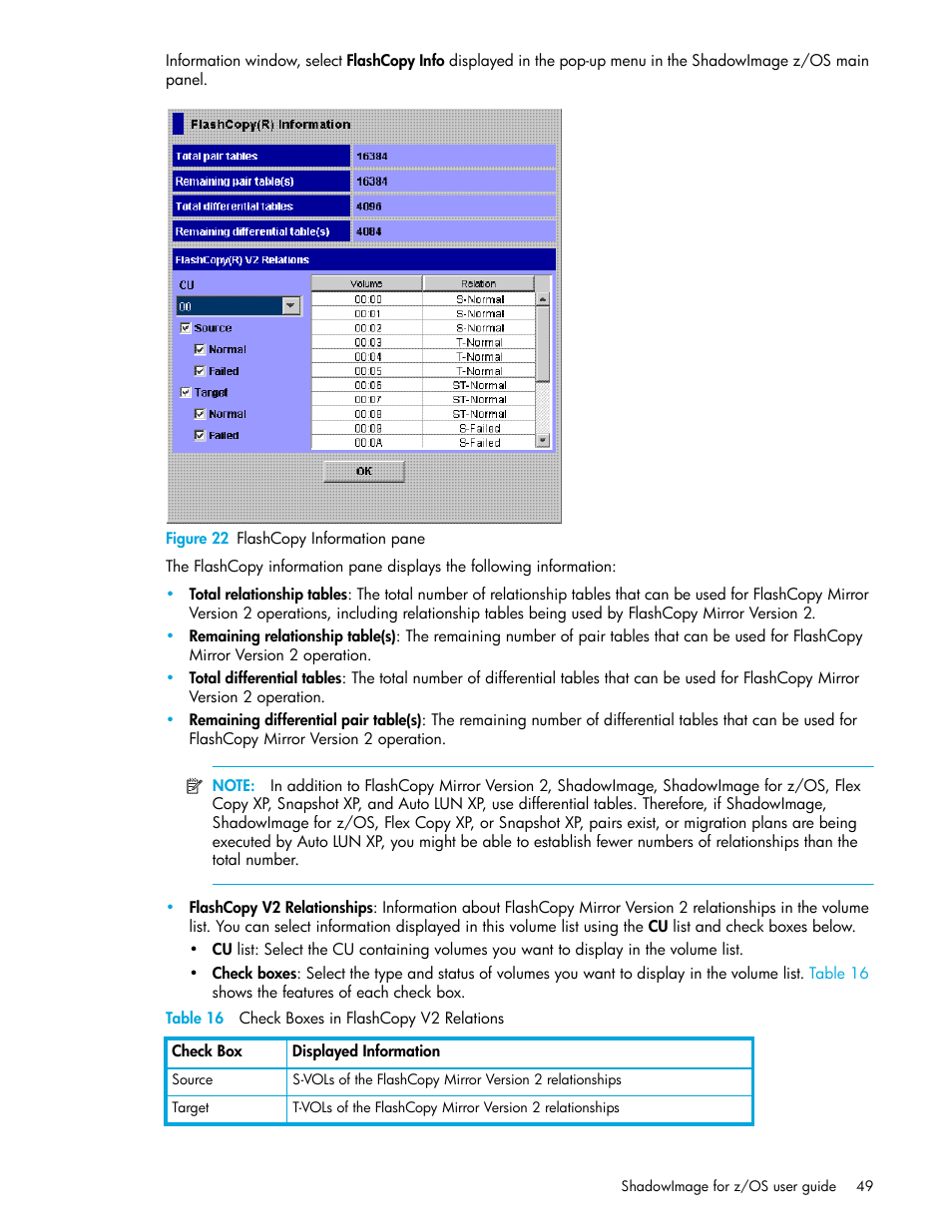 Figure 22 flashcopy information pane, Table 16 check boxes in flashcopy v2 relations, 22 flashcopy information pane | 16 check boxes in flashcopy v2 relations | HP StorageWorks XP Remote Web Console Software User Manual | Page 49 / 130