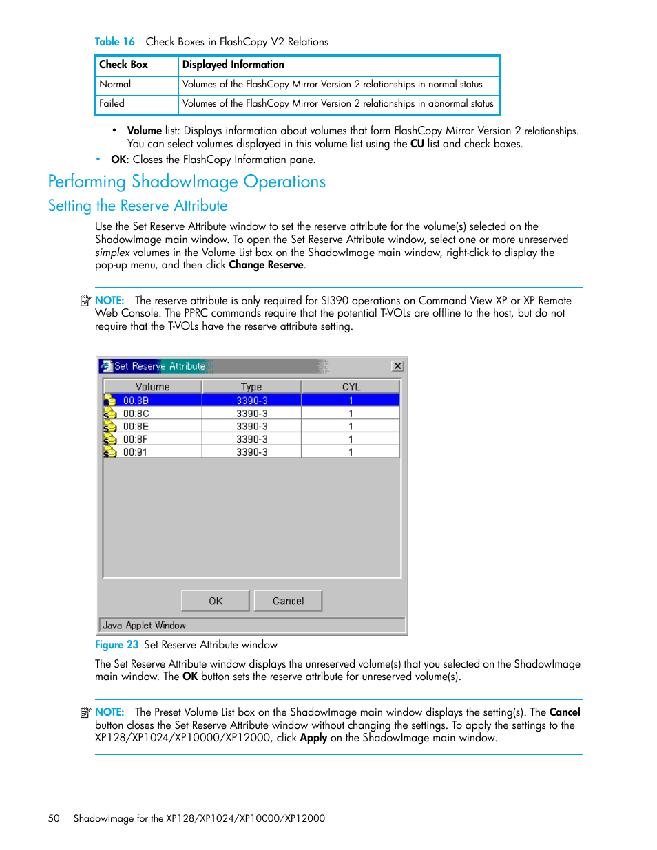 Performing shadowimage operations, Setting the reserve attribute, Figure 23 set reserve attribute window | 23 set reserve attribute window, Setting the reserve, Attribute, Setting, The reserve attribute | HP StorageWorks XP Remote Web Console Software User Manual | Page 50 / 130