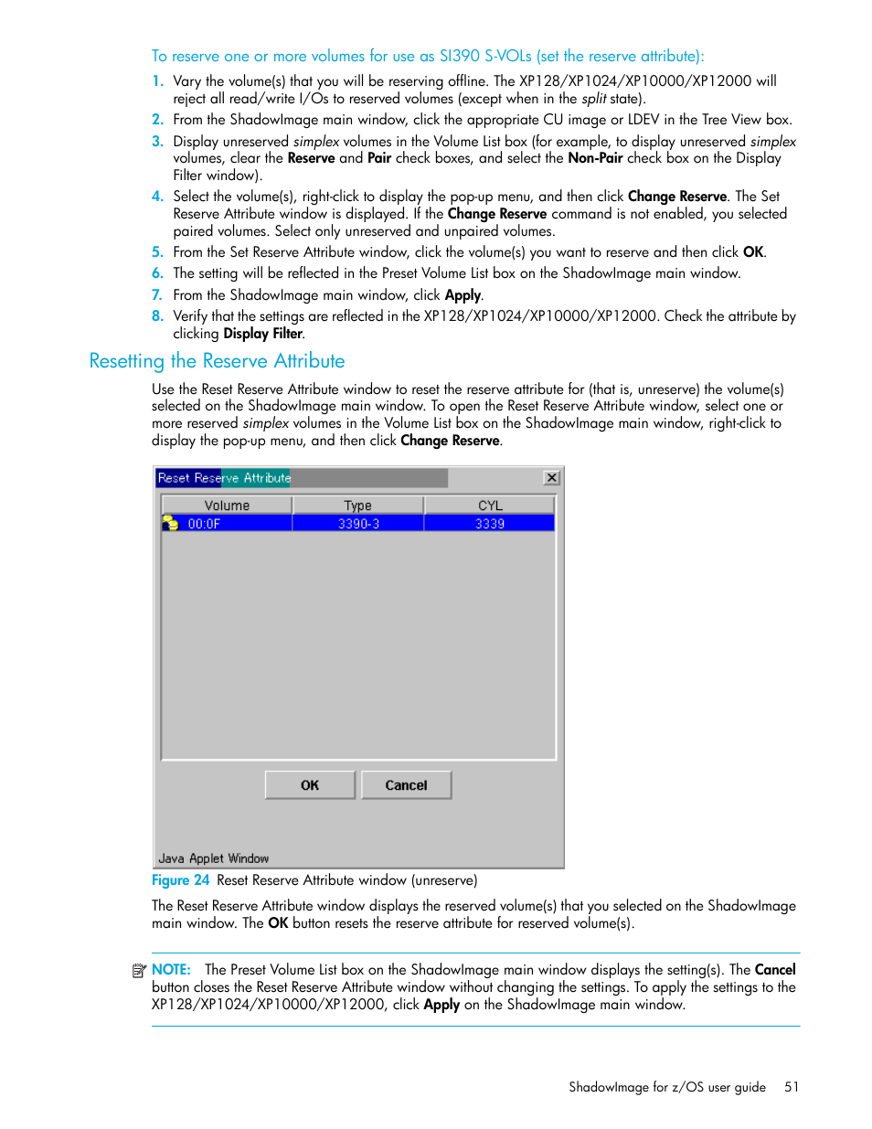 Resetting the reserve attribute, 24 reset reserve attribute window (unreserve) | HP StorageWorks XP Remote Web Console Software User Manual | Page 51 / 130