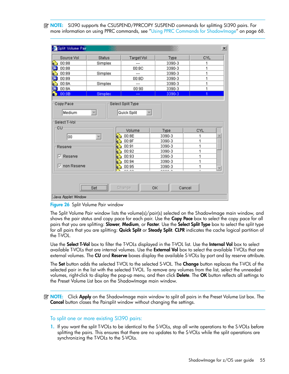 Figure 26 split volume pair window, To split one or more existing si390 pairs, 26 split volume pair window | HP StorageWorks XP Remote Web Console Software User Manual | Page 55 / 130