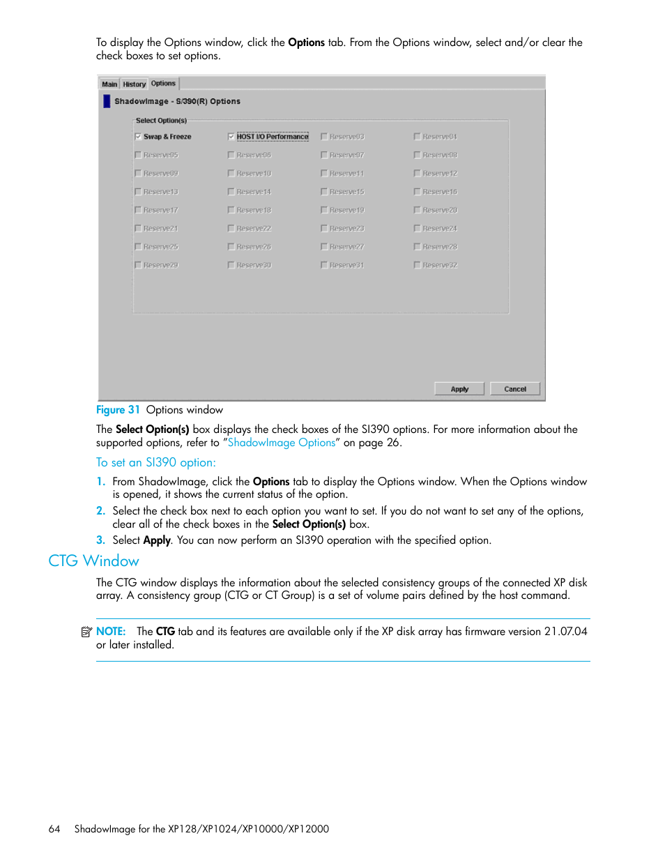 Figure 31 options window, To set an si390 option, Ctg window | 31 options window | HP StorageWorks XP Remote Web Console Software User Manual | Page 64 / 130