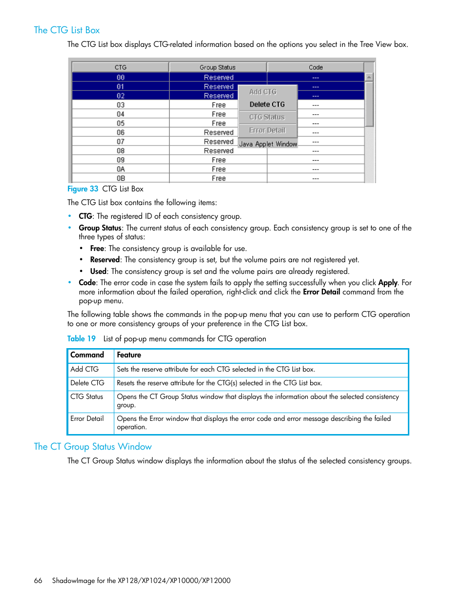 The ctg list box, Figure 33 ctg list box, The ct group status window | 33 ctg list box, 19 list of pop-up menu commands for ctg operation | HP StorageWorks XP Remote Web Console Software User Manual | Page 66 / 130