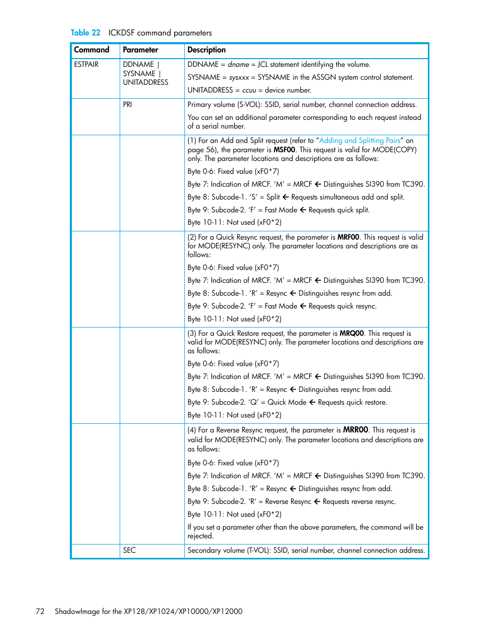 Table 22 ickdsf command parameters, 22 ickdsf command parameters, Table 22 | HP StorageWorks XP Remote Web Console Software User Manual | Page 72 / 130