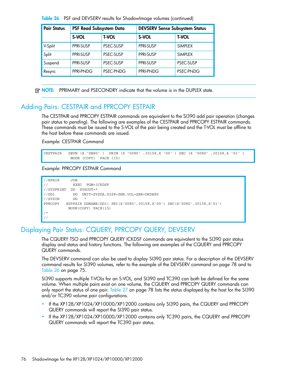 Adding pairs: cestpair and pprcopy estpair | HP StorageWorks XP Remote Web Console Software User Manual | Page 76 / 130