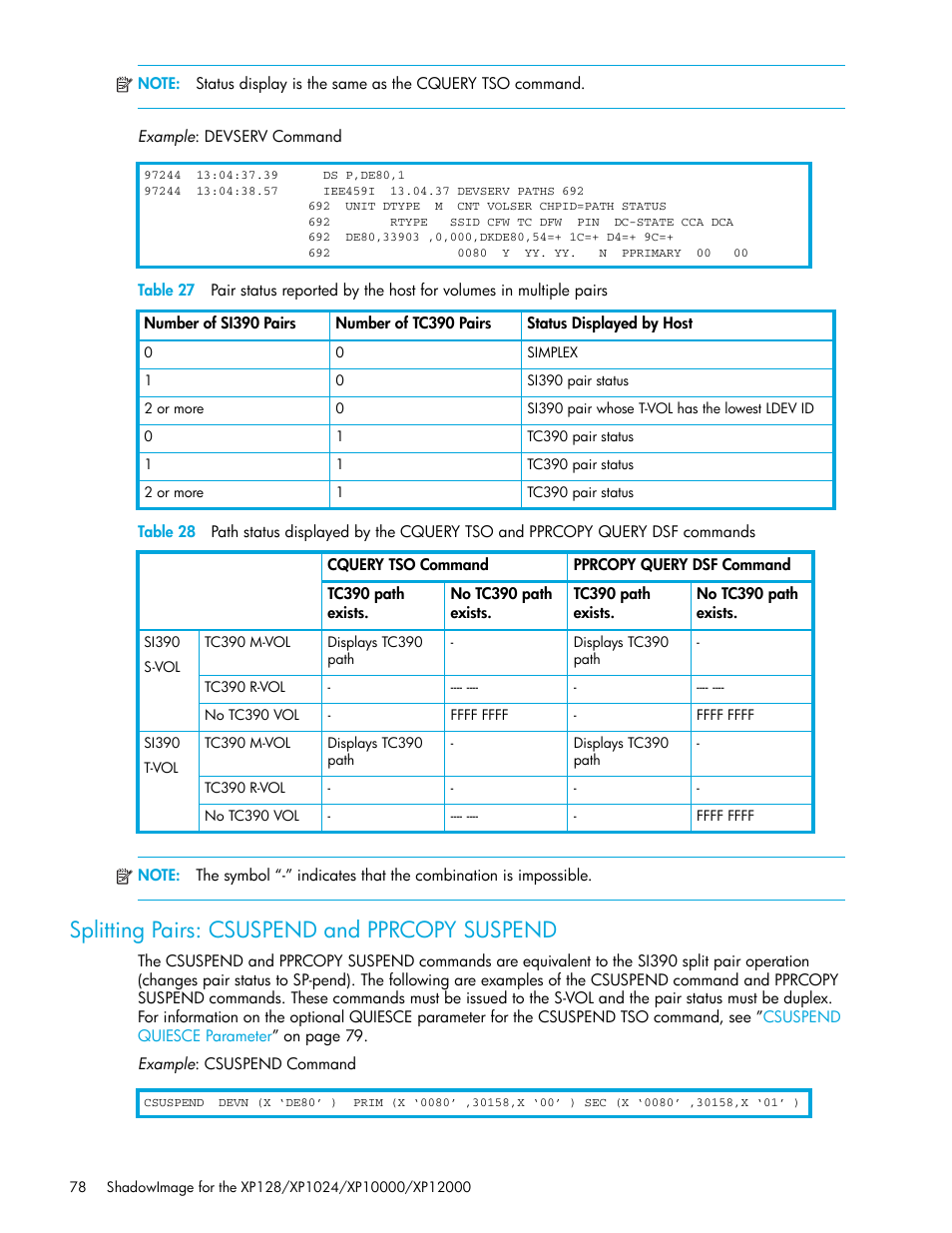 Splitting pairs: csuspend and pprcopy suspend, Table 27 | HP StorageWorks XP Remote Web Console Software User Manual | Page 78 / 130