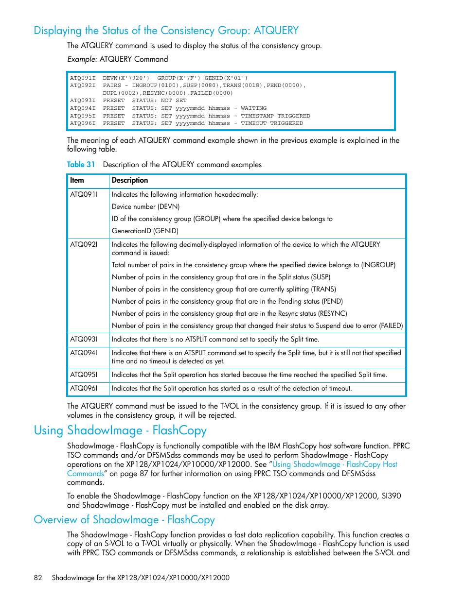 Using shadowimage - flashcopy, Overview of shadowimage - flashcopy, 31 description of the atquery command examples | Displaying the, Status of the consistency group: atquery | HP StorageWorks XP Remote Web Console Software User Manual | Page 82 / 130