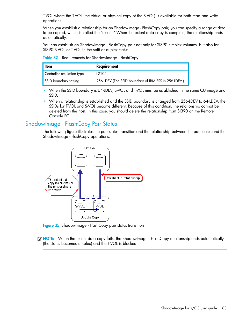 Table 32 requirements for shadowimage - flashcopy, Shadowimage - flashcopy pair status, 35 shadowimage - flashcopy pair status transition | 32 requirements for shadowimage - flashcopy | HP StorageWorks XP Remote Web Console Software User Manual | Page 83 / 130