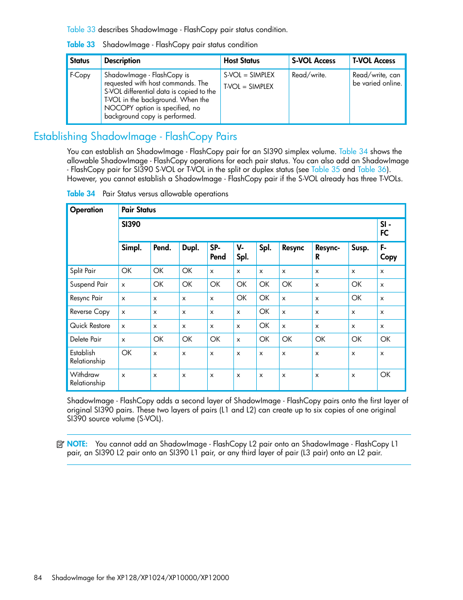 Establishing shadowimage - flashcopy pairs, Table 34 pair status versus allowable operations, 33 shadowimage - flashcopy pair status condition | 34 pair status versus allowable operations | HP StorageWorks XP Remote Web Console Software User Manual | Page 84 / 130