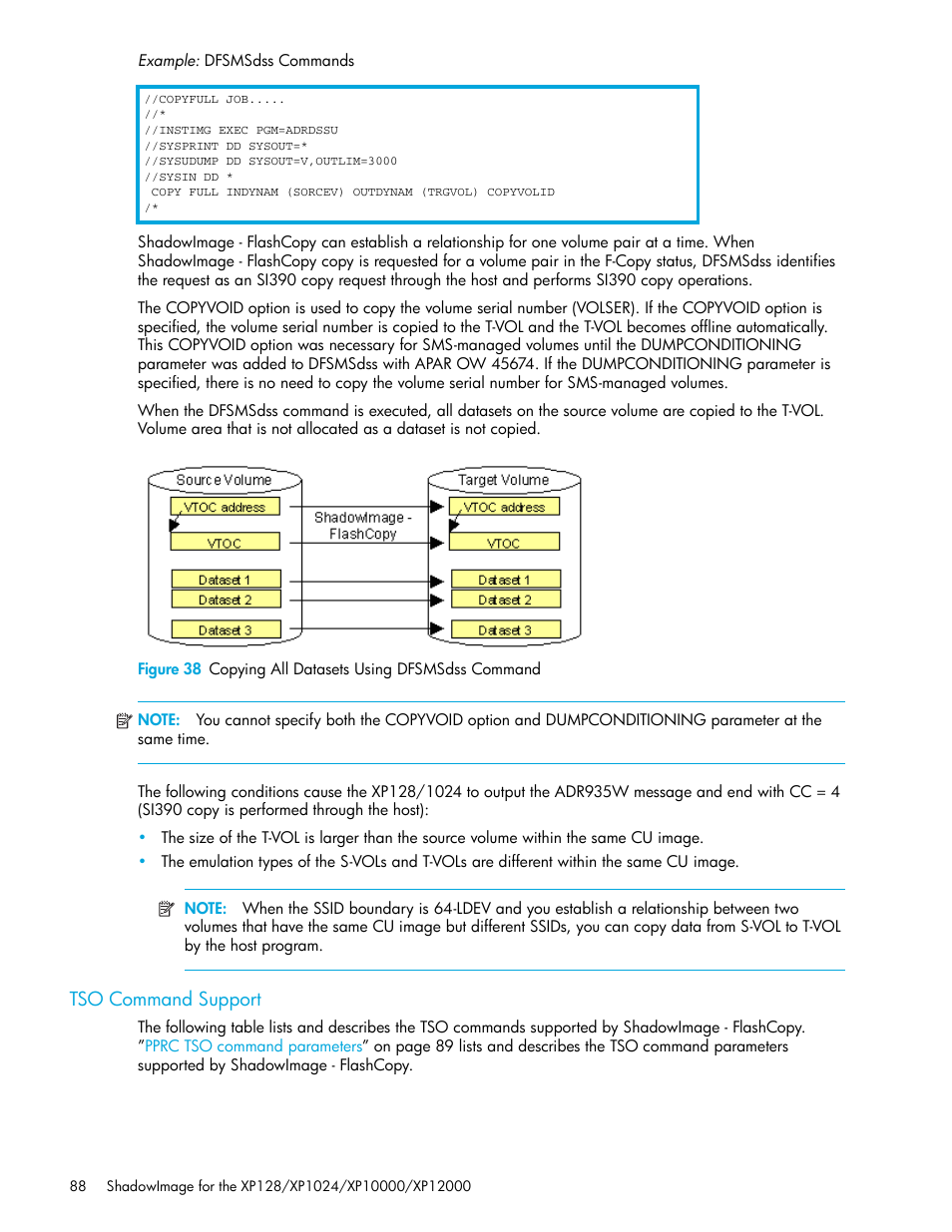 Tso command support, 38 copying all datasets using dfsmsdss command | HP StorageWorks XP Remote Web Console Software User Manual | Page 88 / 130