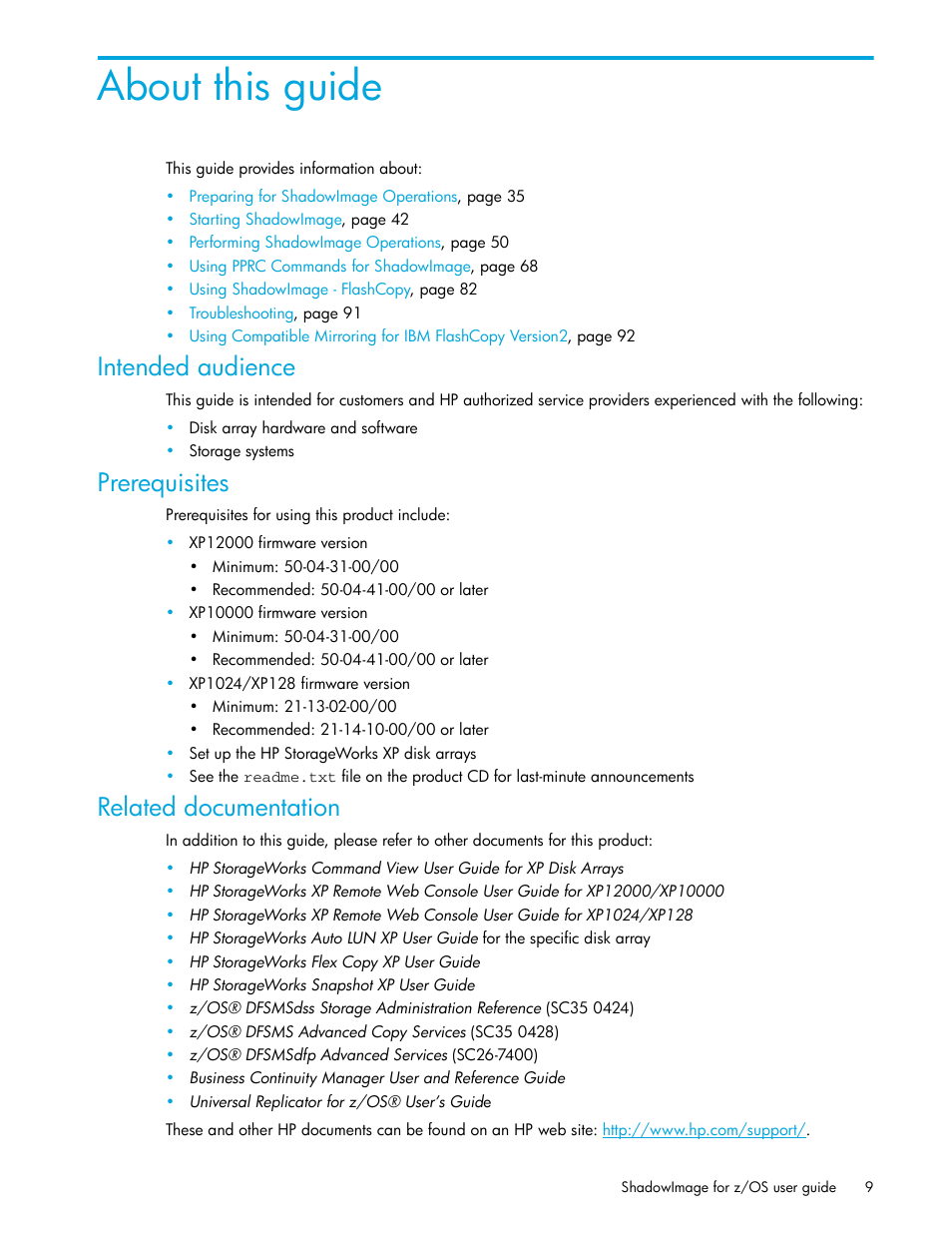 Intended audience, Prerequisites, Related documentation | About this guide | HP StorageWorks XP Remote Web Console Software User Manual | Page 9 / 130