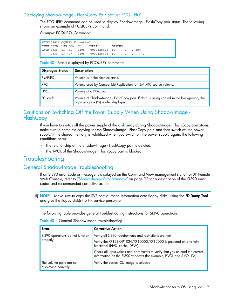 Table 42 status displayed by fcquery command, Troubleshooting, General shadowimage troubleshooting | Table 43 general shadowimage troubleshooting, 42 status displayed by fcquery command, 43 general shadowimage troubleshooting | HP StorageWorks XP Remote Web Console Software User Manual | Page 91 / 130