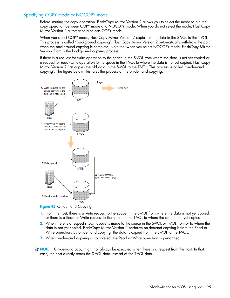 Specifying copy mode or nocopy mode, Figure 43 on-demand copying, 43 on-demand copying | HP StorageWorks XP Remote Web Console Software User Manual | Page 95 / 130