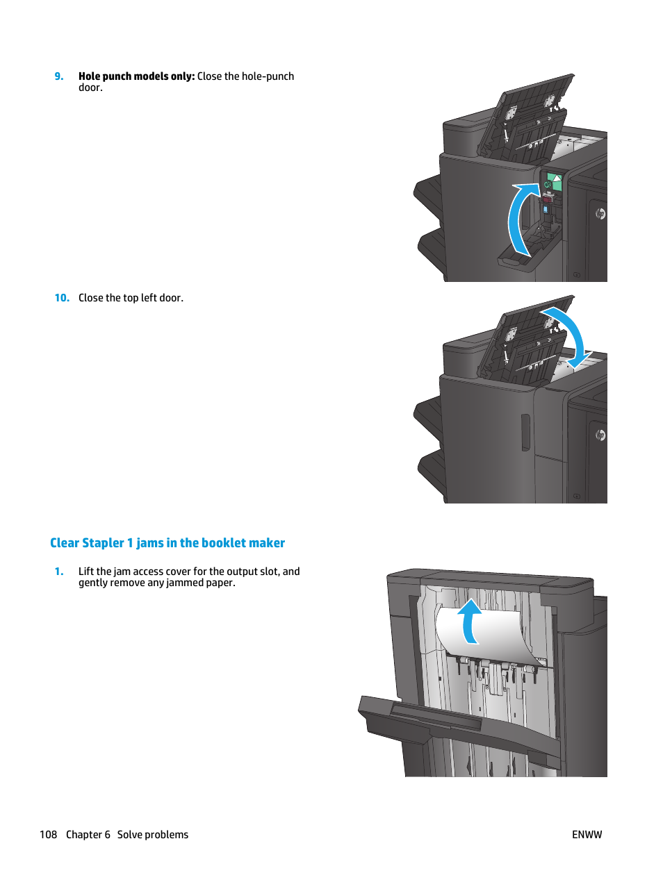 Clear stapler 1 jams in the booklet maker | HP Color LaserJet Enterprise M855 Printer series User Manual | Page 116 / 144