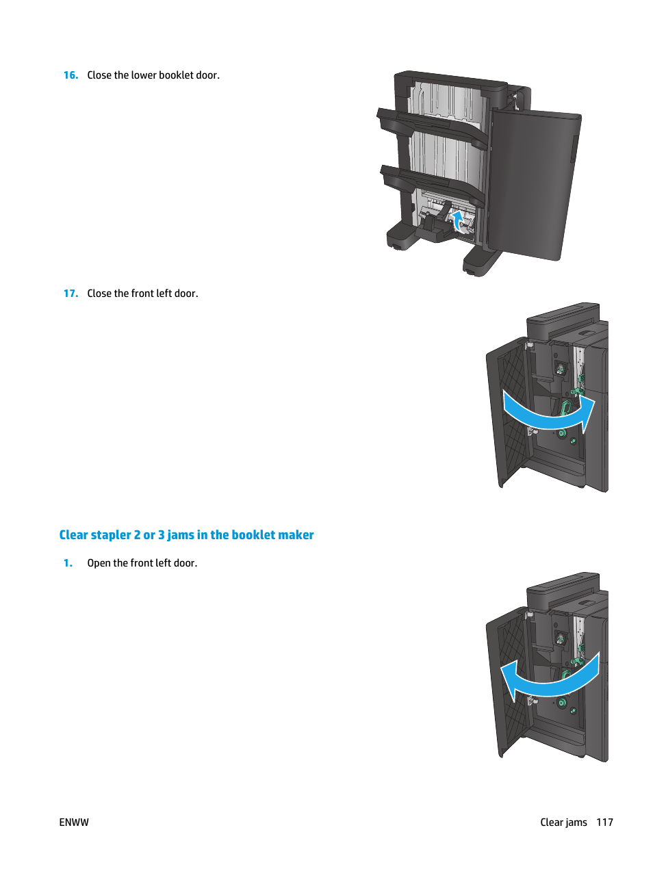 Clear stapler 2 or 3 jams in the booklet maker | HP Color LaserJet Enterprise M855 Printer series User Manual | Page 125 / 144