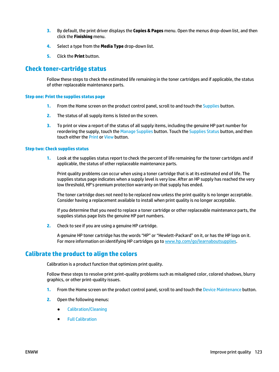 Check toner-cartridge status, Calibrate the product to align the colors | HP Color LaserJet Enterprise M855 Printer series User Manual | Page 131 / 144