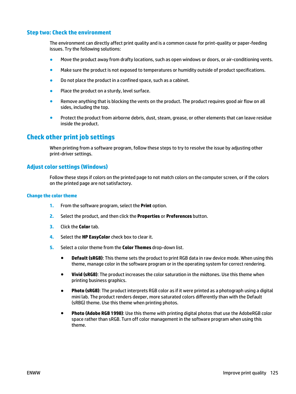 Step two: check the environment, Check other print job settings, Adjust color settings (windows) | HP Color LaserJet Enterprise M855 Printer series User Manual | Page 133 / 144