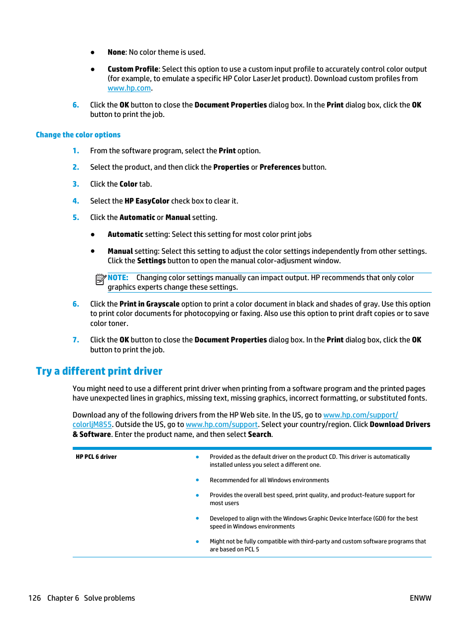 Try a different print driver | HP Color LaserJet Enterprise M855 Printer series User Manual | Page 134 / 144