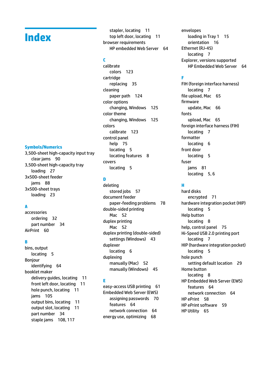 Index | HP Color LaserJet Enterprise M855 Printer series User Manual | Page 139 / 144