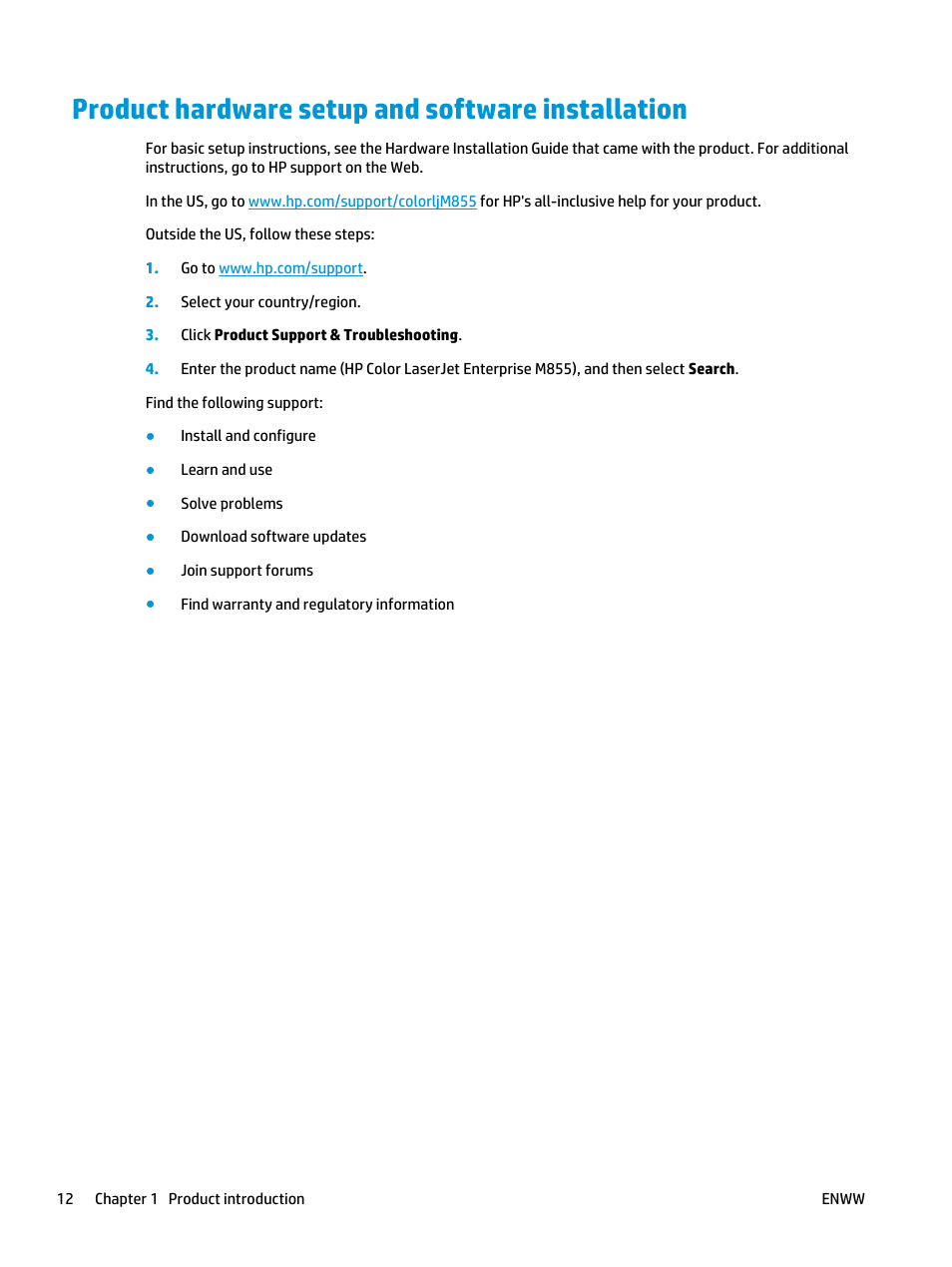 Product hardware setup and software installation | HP Color LaserJet Enterprise M855 Printer series User Manual | Page 20 / 144