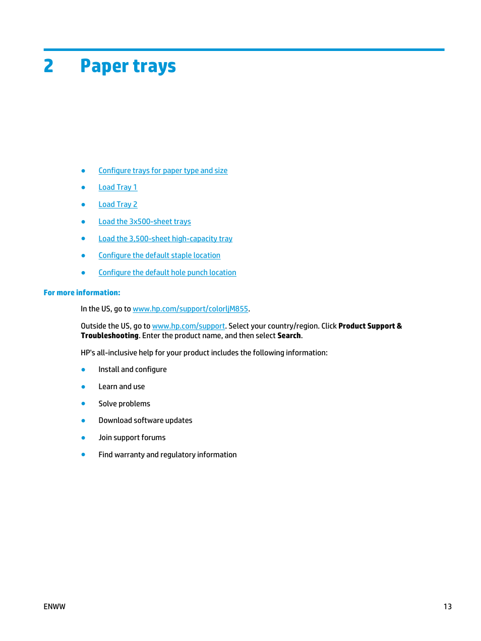 Paper trays, 2 paper trays, 2paper trays | HP Color LaserJet Enterprise M855 Printer series User Manual | Page 21 / 144