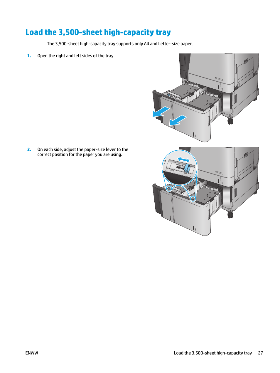 Load the 3,500-sheet high-capacity tray | HP Color LaserJet Enterprise M855 Printer series User Manual | Page 35 / 144