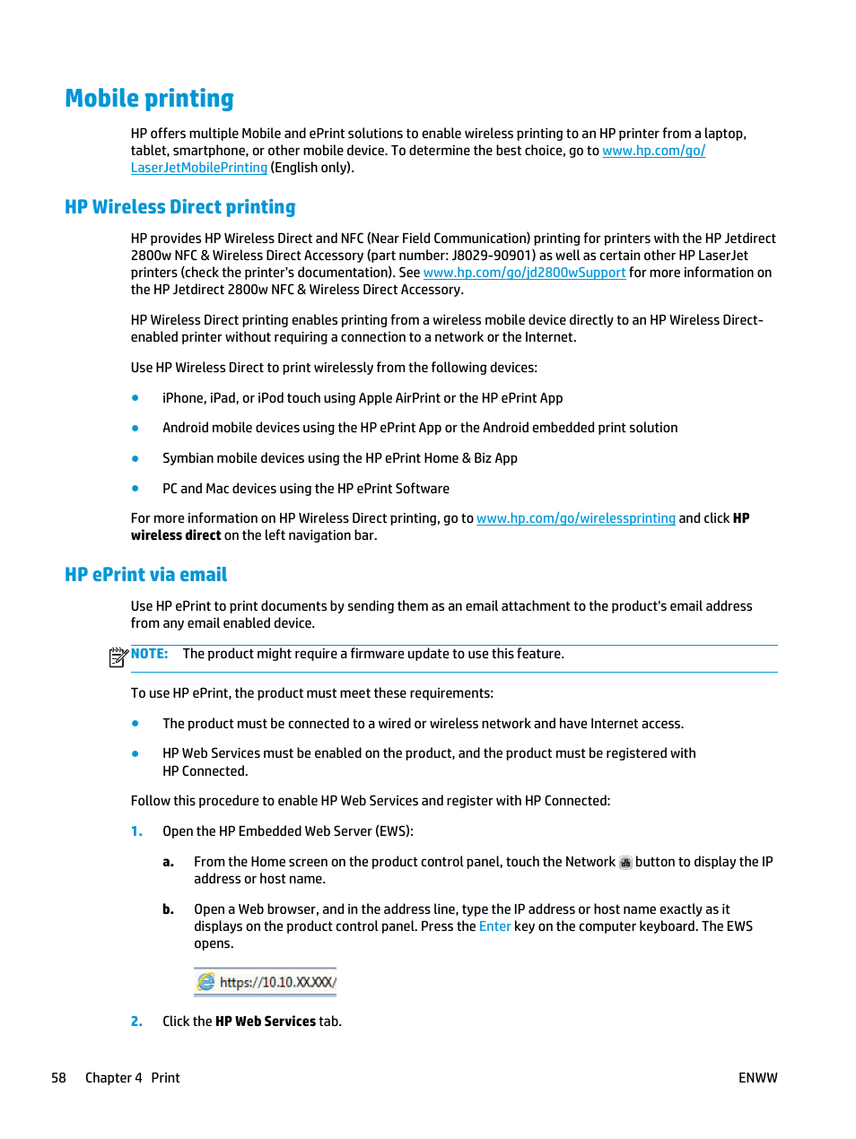 Mobile printing, Hp wireless direct printing, Hp eprint via email | Hp wireless direct printing hp eprint via email | HP Color LaserJet Enterprise M855 Printer series User Manual | Page 66 / 144