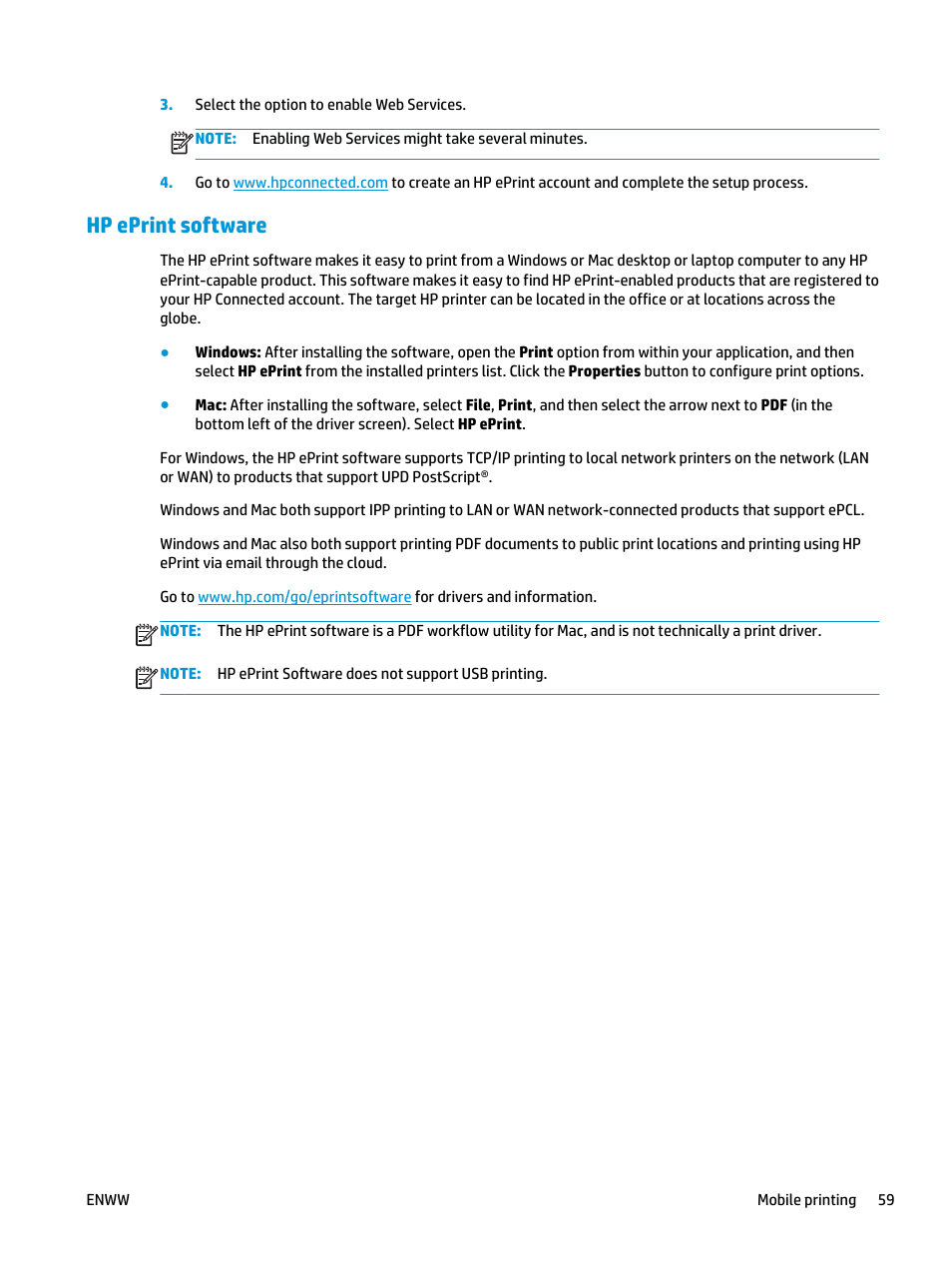 Hp eprint software | HP Color LaserJet Enterprise M855 Printer series User Manual | Page 67 / 144