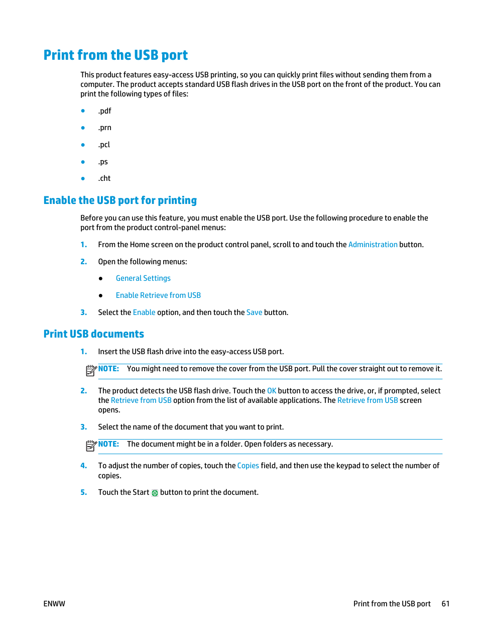 Print from the usb port, Enable the usb port for printing, Print usb documents | HP Color LaserJet Enterprise M855 Printer series User Manual | Page 69 / 144