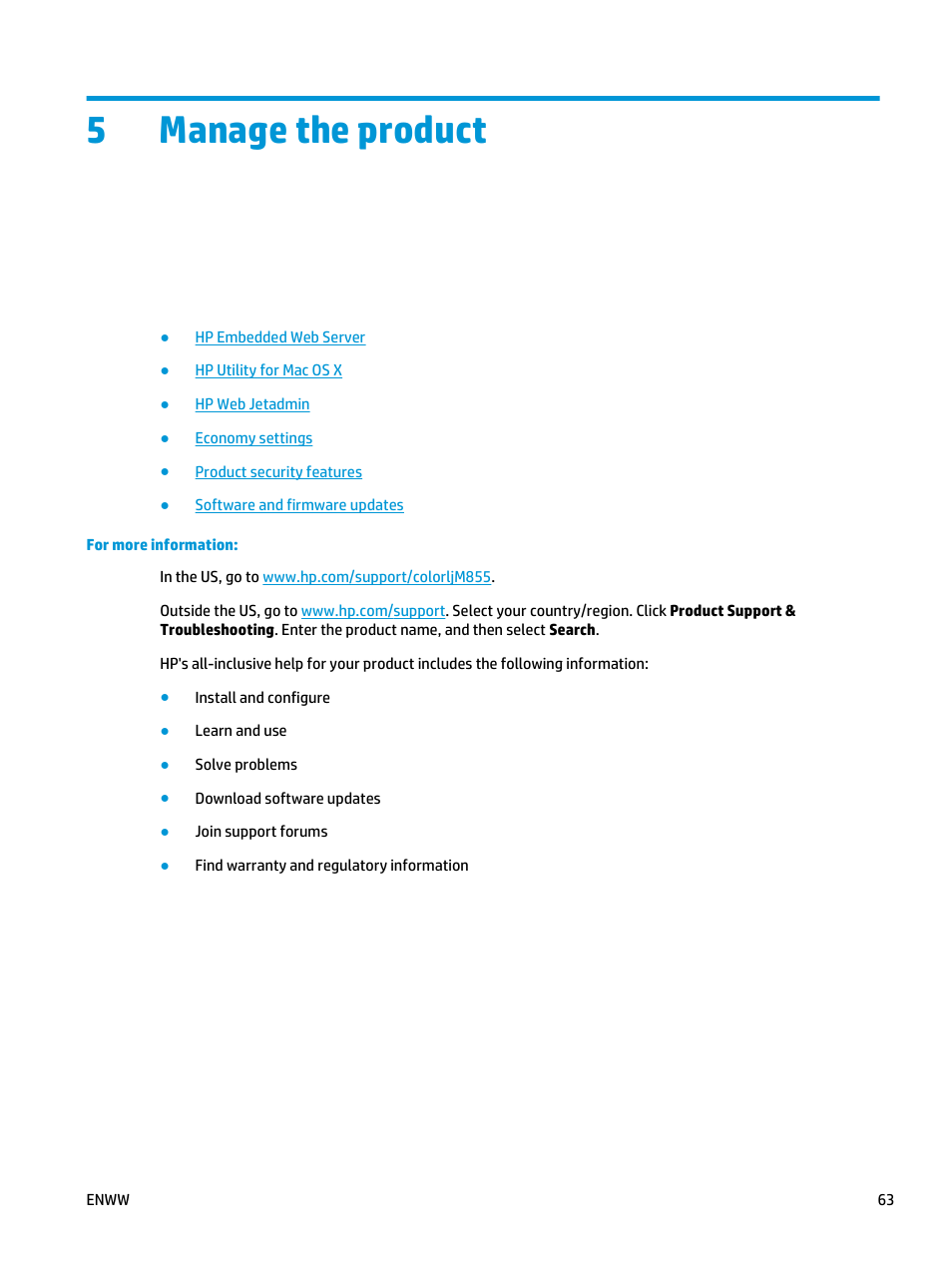 Manage the product, 5 manage the product, 5manage the product | HP Color LaserJet Enterprise M855 Printer series User Manual | Page 71 / 144