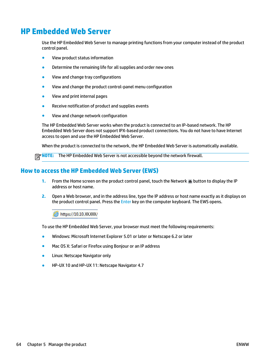 Hp embedded web server, How to access the hp embedded web server (ews) | HP Color LaserJet Enterprise M855 Printer series User Manual | Page 72 / 144