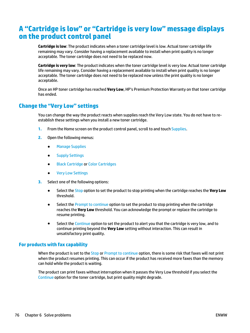 Change the “very low” settings, For products with fax capability | HP Color LaserJet Enterprise M855 Printer series User Manual | Page 84 / 144