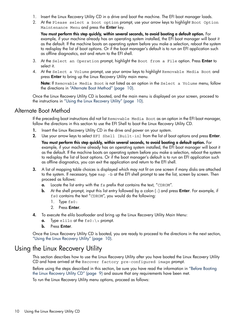 Alternate boot method, Using the linux recovery utility | HP Linux Server Management Software User Manual | Page 10 / 21