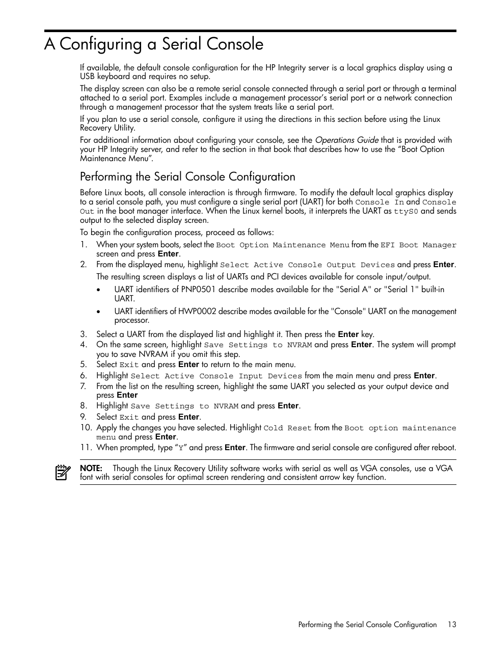 A configuring a serial console, Configuring, Performing the serial console configuration | HP Linux Server Management Software User Manual | Page 13 / 21