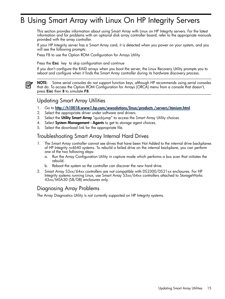 Updating smart array utilities, Troubleshooting smart array internal hard drives, Diagnosing array problems | HP Linux Server Management Software User Manual | Page 15 / 21