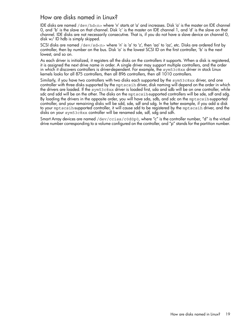 How are disks named in linux | HP Linux Server Management Software User Manual | Page 19 / 21