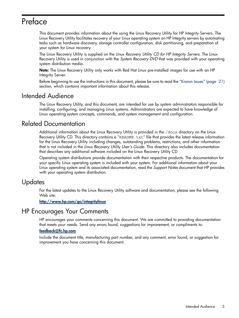 Preface, Intended audience, Related documentation | Updates, Hp encourages your comments | HP Linux Server Management Software User Manual | Page 5 / 21