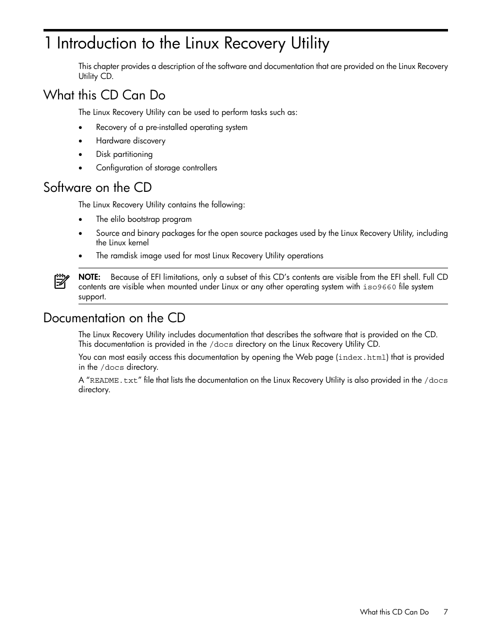 1 introduction to the linux recovery utility, What this cd can do, Software on the cd | Documentation on the cd | HP Linux Server Management Software User Manual | Page 7 / 21