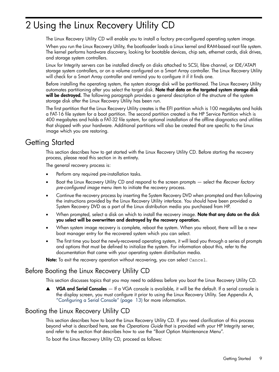 2 using the linux recovery utility cd, Getting started, Before booting the linux recovery utility cd | Booting the linux recovery utility cd | HP Linux Server Management Software User Manual | Page 9 / 21