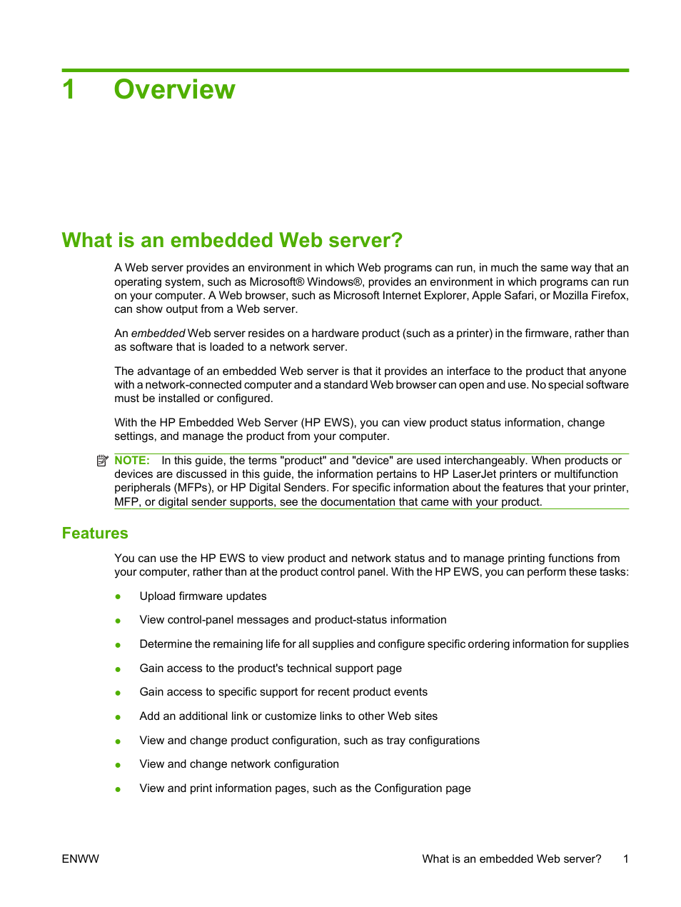 Overview, What is an embedded web server, Features | 1 overview, 1overview | HP Color LaserJet CP3520 Printer Series User Manual | Page 11 / 76