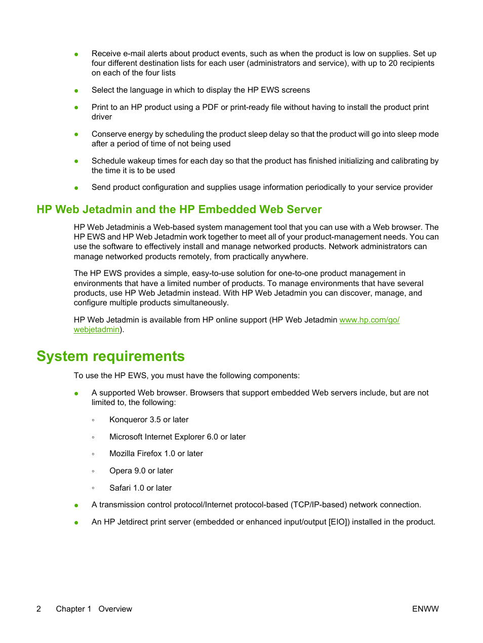 Hp web jetadmin and the hp embedded web server, System requirements | HP Color LaserJet CP3520 Printer Series User Manual | Page 12 / 76