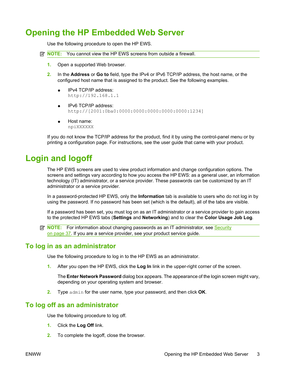 Opening the hp embedded web server, Login and logoff, To log in as an administrator | To log off as an administrator | HP Color LaserJet CP3520 Printer Series User Manual | Page 13 / 76