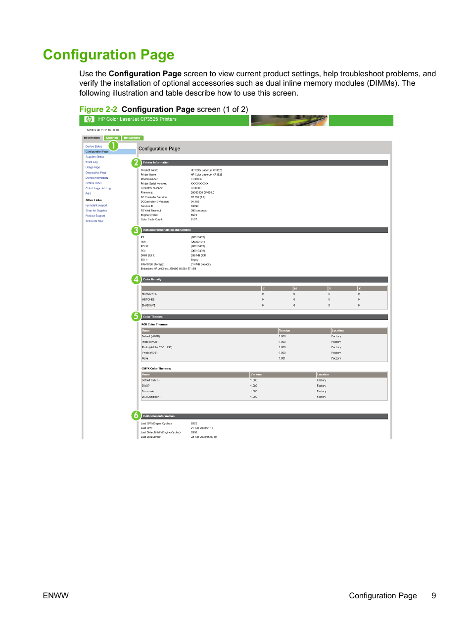 Configuration page | HP Color LaserJet CP3520 Printer Series User Manual | Page 19 / 76